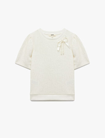 Kısa Kollu Bisiklet Yaka Fiyonk Detaylı Sweatshirt