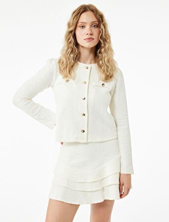 Slim Fit Uzun Kollu Aplike Detaylı Dokulu Bisiklet Yaka Hırka