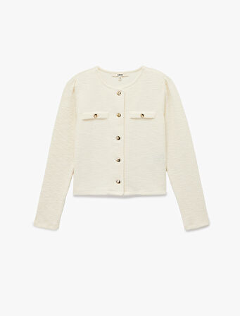 Slim Fit Uzun Kollu Aplike Detaylı Dokulu Bisiklet Yaka Hırka