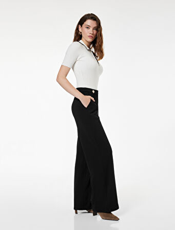 Düğme Detaylı Cepli Düz Bol Paça Kumaş Pantolon