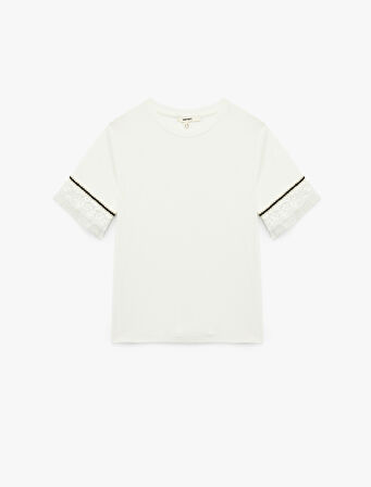 Slim Fit Dantel Detaylı Kısa Kollu Bisiklet Yaka Tişört