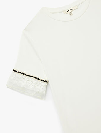 Slim Fit Dantel Detaylı Kısa Kollu Bisiklet Yaka Tişört