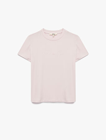 Slim Fit Fiyonk Nakış Detaylı Kısa Kollu Bisiklet Yaka Tişört