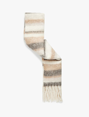 Çizgili Yumuşak Dokulu Püsküllü Uzun Atkı