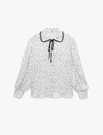 Uzun Kollu Bağlama Yaka Detaylı Puantiyeli Şifon Gömlek