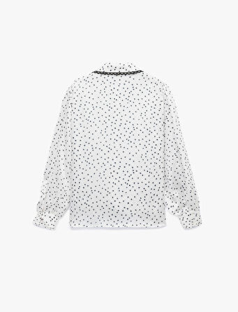 Uzun Kollu Bağlama Yaka Detaylı Puantiyeli Şifon Gömlek