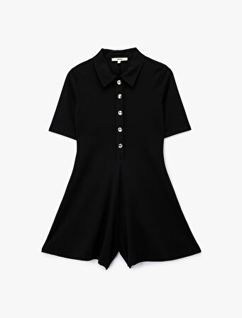 Slim Fit Kısa Kollu Yarım Düğme Detaylı Polo Yaka Mini Şort Tulum