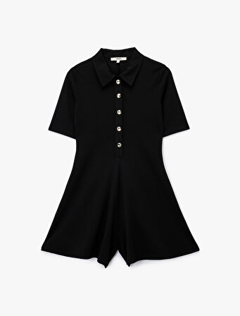 Slim Fit Kısa Kollu Yarım Düğme Detaylı Polo Yaka Mini Şort Tulum