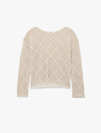 Kayık Yaka Uzun Kollu Triko Ajurlu Kazak