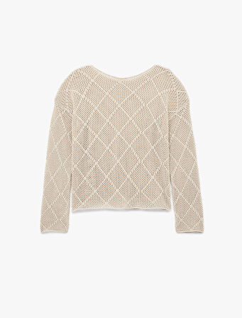 Kayık Yaka Uzun Kollu Triko Ajurlu Kazak