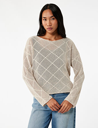 Kayık Yaka Uzun Kollu Triko Ajurlu Kazak