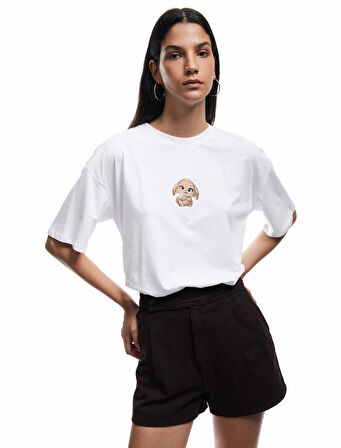 Kısa Kollu Bisiklet Yaka Pamuklu Köpek İşlemeli Oversize Tişört