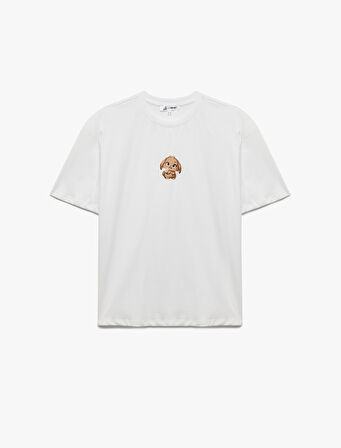 Kısa Kollu Bisiklet Yaka Pamuklu Köpek İşlemeli Oversize Tişört