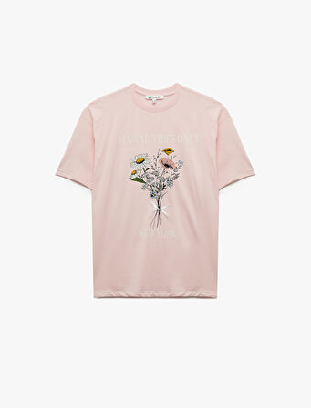 Rahat Kalıp Kısa Kollu Bisiklet Yaka Pamuklu Çiçek Baskılı Tişört