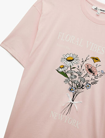 Rahat Kalıp Kısa Kollu Bisiklet Yaka Pamuklu Çiçek Baskılı Tişört