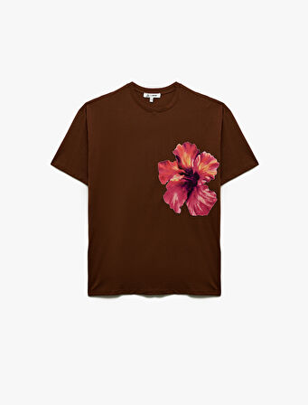 Kısa Kollu Bisiklet Yaka Rahat Kalıp Pamuklu Hibiskus Baskılı Tişört