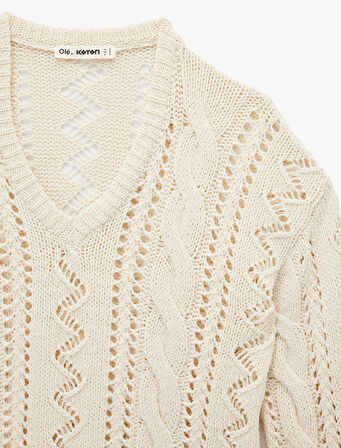 Ajurlu V Yaka Uzun Kollu Triko Kazak