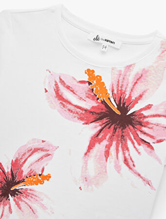 Bisiklet Yaka Çiçek Baskılı Kısa Kollu Tişört