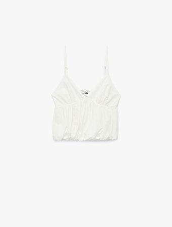 Volanlı V Yaka Pamuklu Slim Fit Askılı Poplin Crop Bluz
