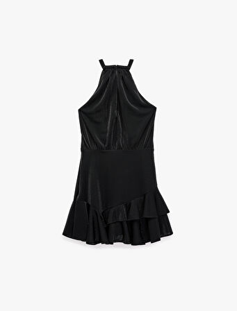 Kolsuz Halter Yaka Katlı Volanlı Mini Abiye Elbise