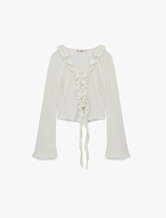 Viskon Karışımlı Fırfır Detaylı Düğmeli V Yaka Slim Fit Uzun Kollu Tişört