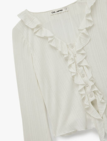 Viskon Karışımlı Fırfır Detaylı Düğmeli V Yaka Slim Fit Uzun Kollu Tişört