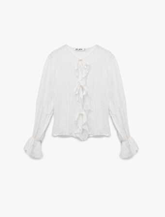 Bağlamalı Yakalı Fırfırlı Fiyonklu Uzun Kollu Viskon Karışımlı Bluz