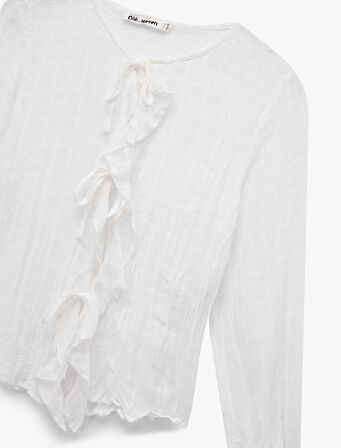 Bağlamalı Yakalı Fırfırlı Fiyonklu Uzun Kollu Viskon Karışımlı Bluz