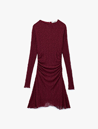 Drape Detaylı Asimetrik Uzun Kollu Bisiklet Yaka Mini Dantel Elbise