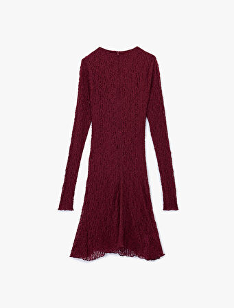 Drape Detaylı Asimetrik Uzun Kollu Bisiklet Yaka Mini Dantel Elbise