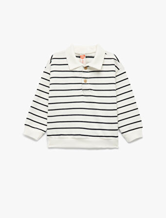 Şardonlu Uzun Kollu Oversize Pamuklu Düğmeli Polo Yaka Sweatshirt
