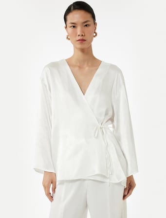Kruvaze Yaka Beli Bağcıklı Kimono Kol Bluz