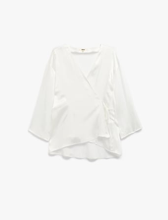 Kruvaze Yaka Beli Bağcıklı Kimono Kol Bluz