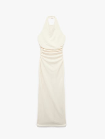Bürümcük Kumaş Drape Detaylı Sırt Dekolteli Midi Boy Halter Yaka Elbise