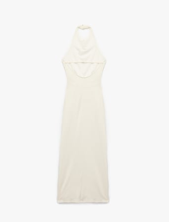 Bürümcük Kumaş Drape Detaylı Sırt Dekolteli Midi Boy Halter Yaka Elbise