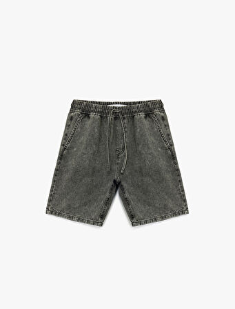 Beli Bağcıklı Pamuklu Cep Detaylı Baggy Jean Şort