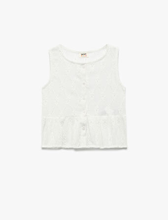 Düğme Detaylı Kolsuz Brodeli Bluz