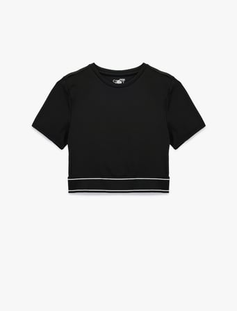 Slim Fit Kısa Kollu Bisiklet Yaka Lastik Detaylı Crop Spor Tişört