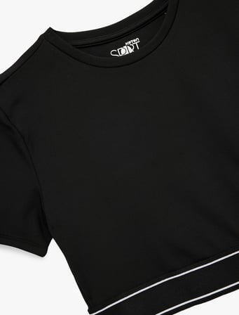 Slim Fit Kısa Kollu Bisiklet Yaka Lastik Detaylı Crop Spor Tişört