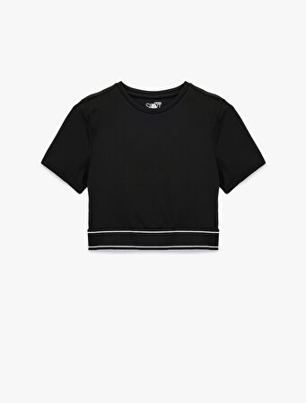 Slim Fit Kısa Kollu Bisiklet Yaka Lastik Detaylı Crop Spor Tişört