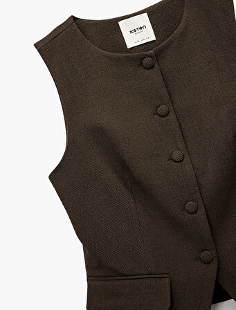 Viskon Karışımlı Cep Detaylı Bisiklet Yaka Düğmeli Kolsuz Yelek