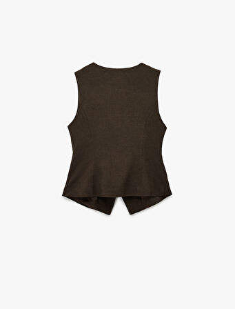 Viskon Karışımlı Cep Detaylı Bisiklet Yaka Düğmeli Kolsuz Yelek