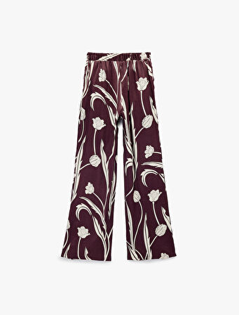 Cepli Floral Desenli Yüksek Bel Saten Palazzo Pantolon