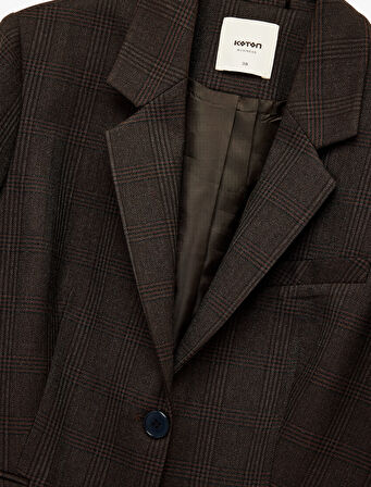 Cepli Düğmeli Uzun Kollu Kruvaze Ekose Blazer Ceket