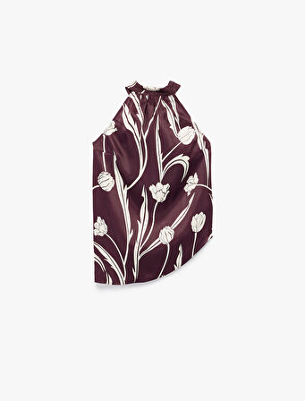Bağlama Detaylı Floral Desenli Halter Yaka Saten Bluz