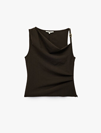 Drapeli Degaje Yaka Kemer Detaylı Viskon Karışımlı Kolsuz Bluz