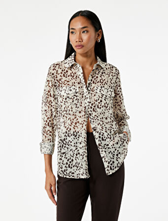 Cepli Uzun Kollu Leopar Desenli Şifon Gömlek