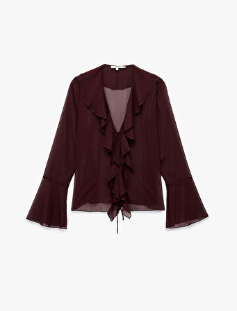 Yarı Transparan Bağlama Detaylı Uzun Kollu V Yaka Fırfırlı Şifon Gömlek