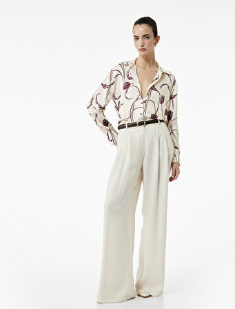 Rahat Kalıp Uzun Kollu Floral Desenli Saten Gömlek