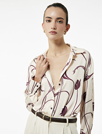 Rahat Kalıp Uzun Kollu Floral Desenli Saten Gömlek